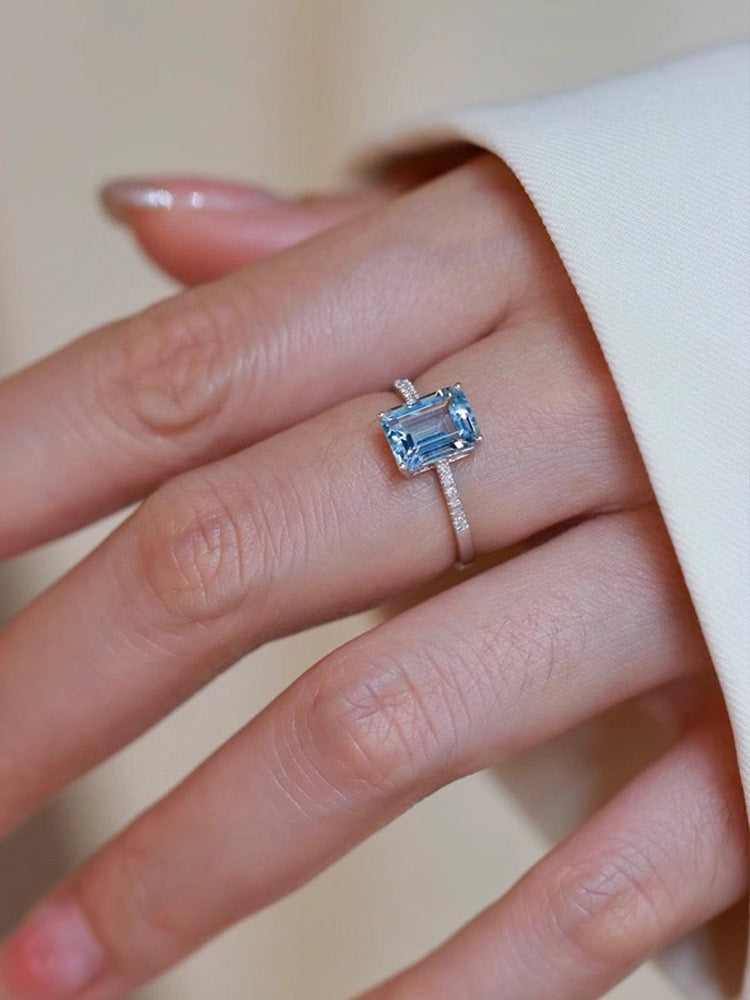 S925 sterling silver square sugar zircon ring in navy blue