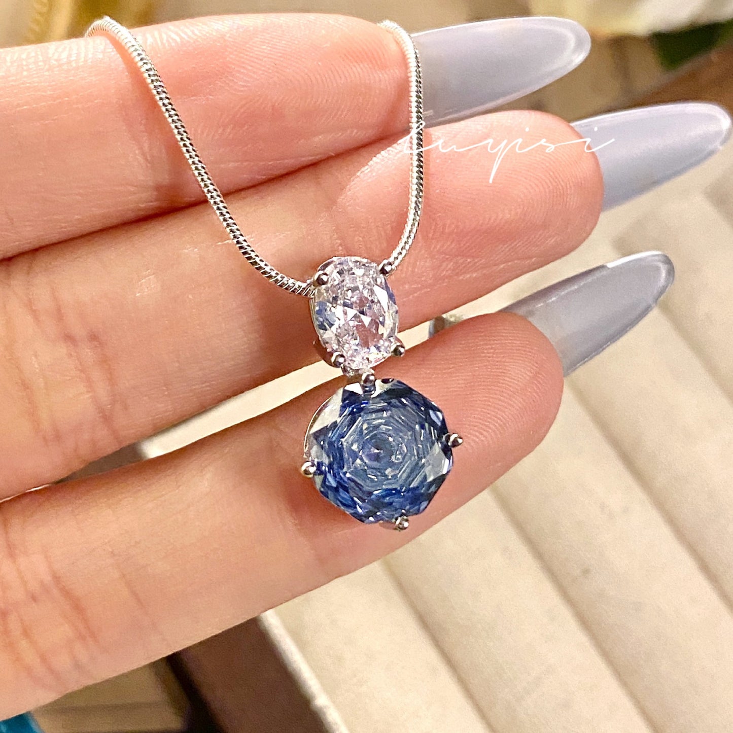 Rose blue high carbon diamond necklace ring earrings set