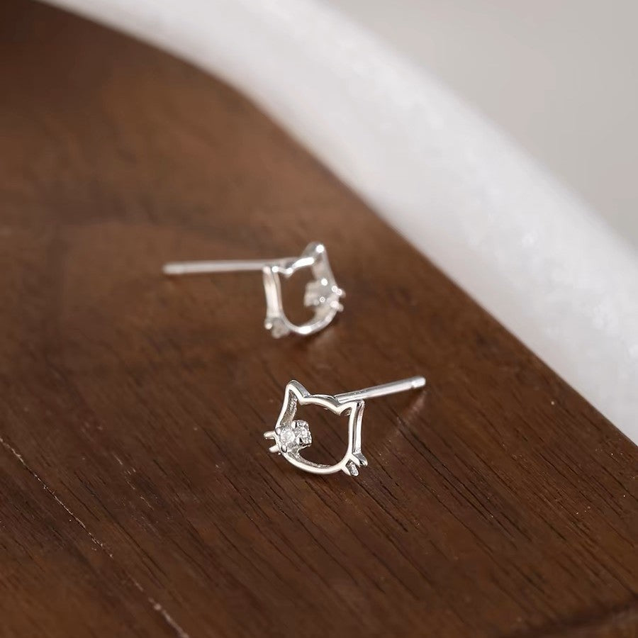 S999 sterling silver hollow cat ear nail earrings