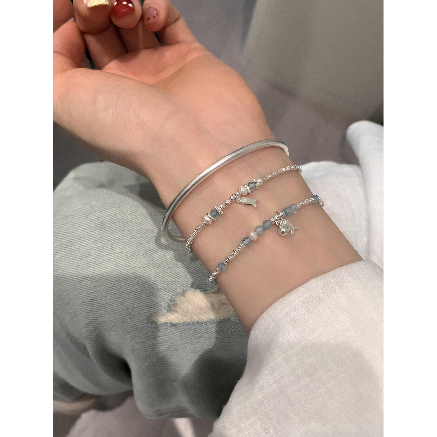 S925 sterling silver blue crystal fish freshwater pearl silver bracelet