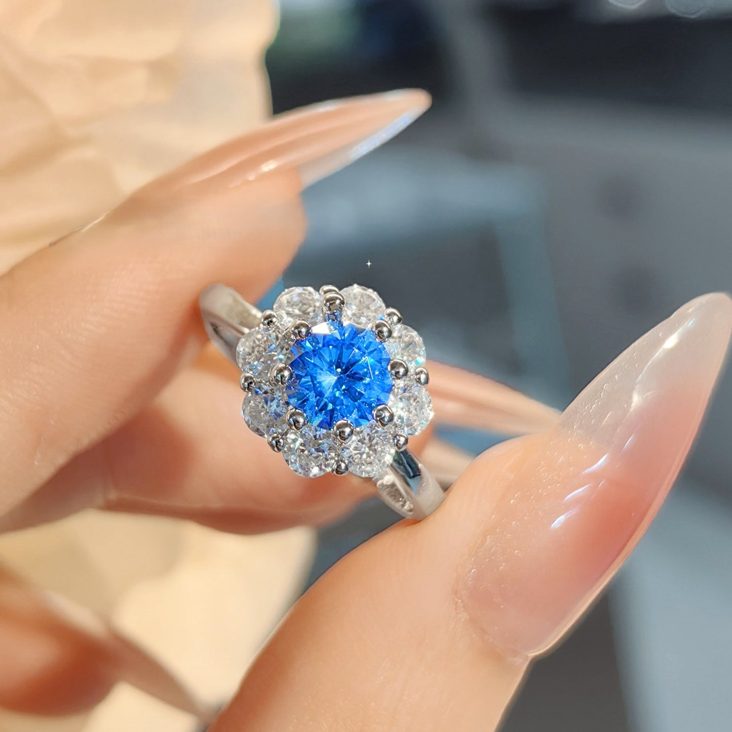 Flower high carbon blue diamond necklace ring earrings set