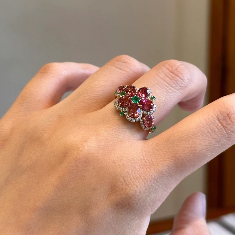 Pomegranate green diamond micro-inlaid zircon flower earrings ring set