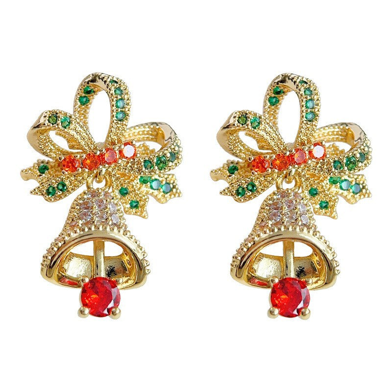 Christmas limited ~vintage Christmas series zircon bell bow earrings