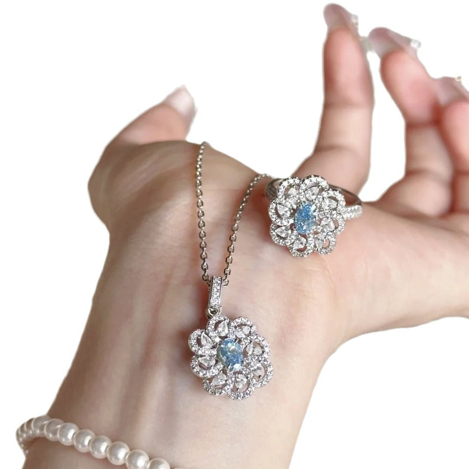 Hollow aquamarine full diamond flower ring necklace earrings set