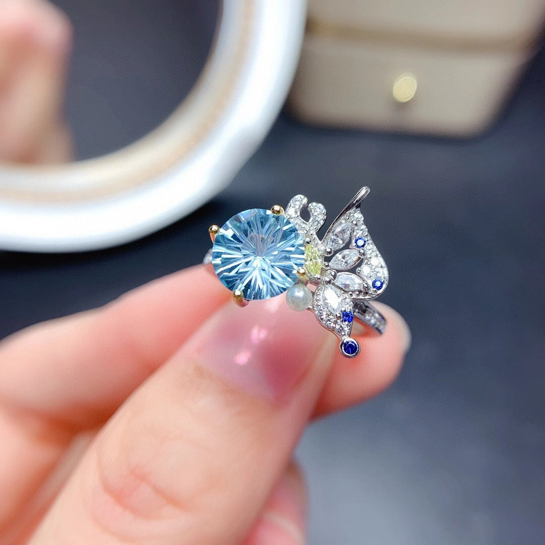 Sky Blue Topaz Fireworks Cut Ring Necklace Butterfly Set