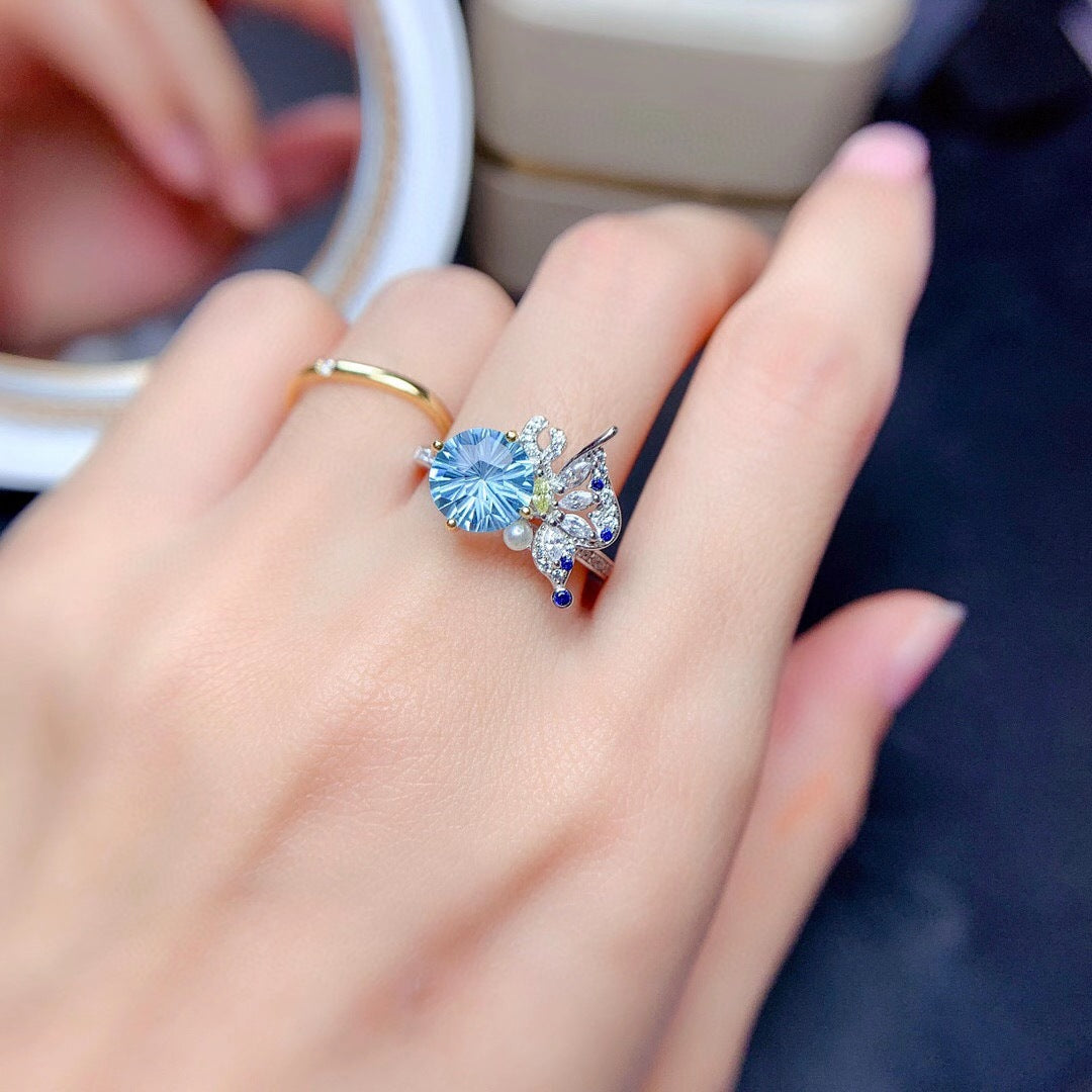 Sky Blue Topaz Fireworks Cut Ring Necklace Butterfly Set