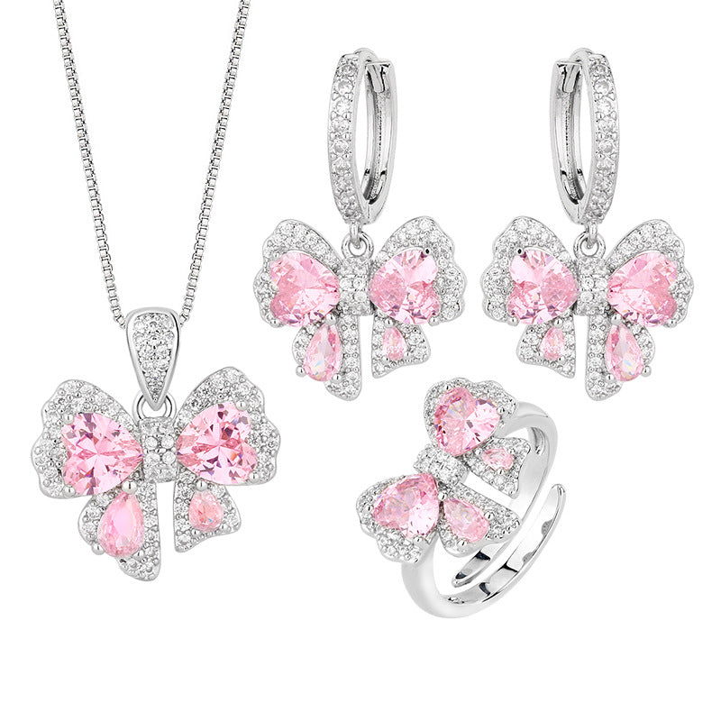 Pink diamond zircon bow earrings ring necklace set