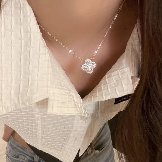 S999 sterling silver flash diamond four-leaf clover necklace earrings set