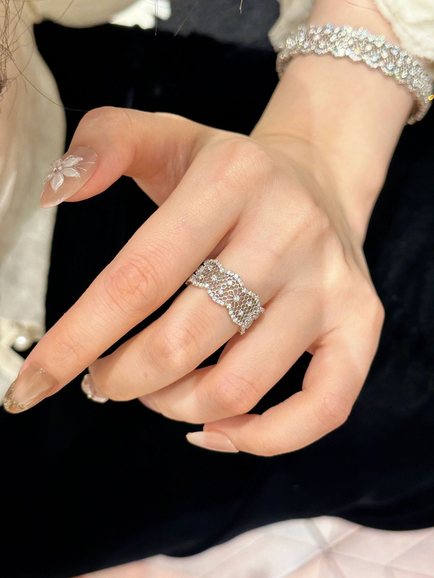 S925 sterling silver openwork lace ring bracelet