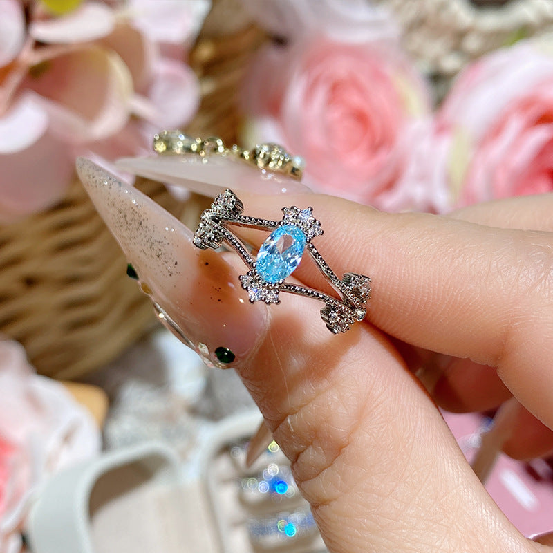 Super Flash Sea Blue Zircon Ring with 18K Gold Plating