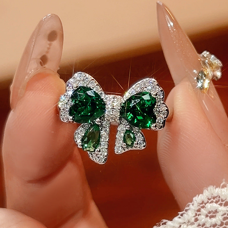 Emerald Butterfly Set S925 Silver Needle Earrings Necklace Ring