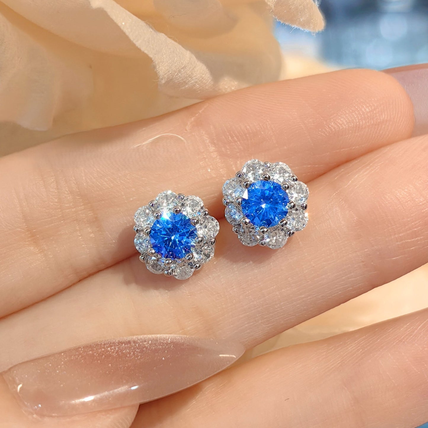 Flower high carbon blue diamond necklace ring earrings set