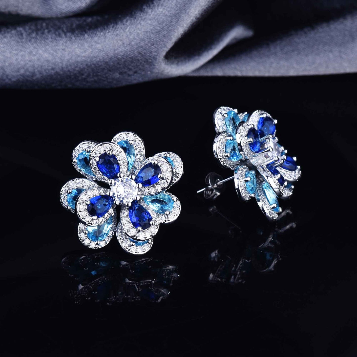 Zircon Flower Silver Needle Earrings Camellia Necklace Bracelet Ring Set