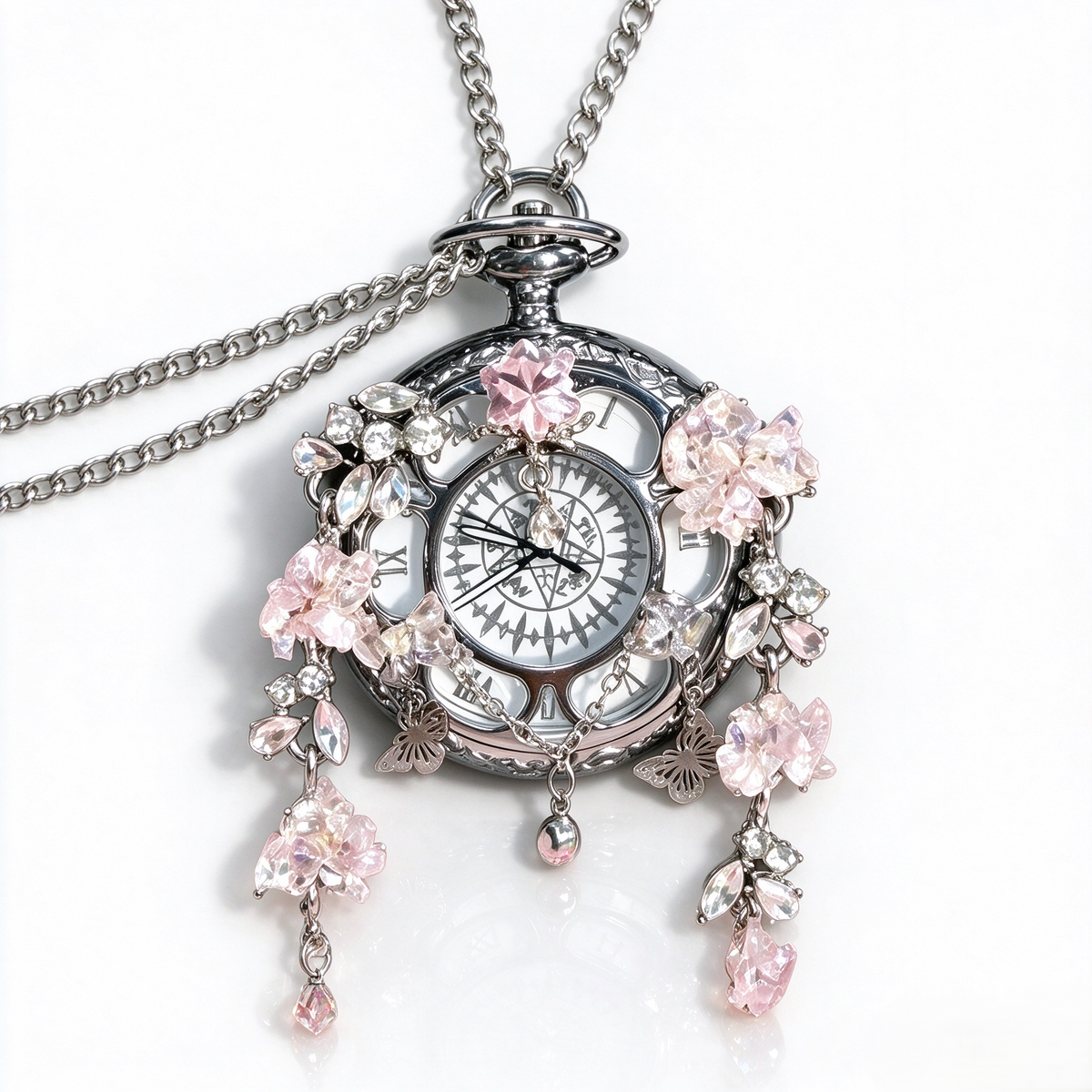 Movable Butterfly Pocket Watch, Handmade Floral Quartz Pocket Watch Necklace