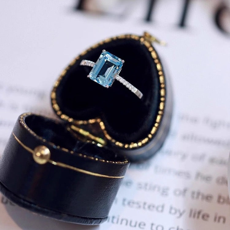 S925 sterling silver square sugar zircon ring in navy blue