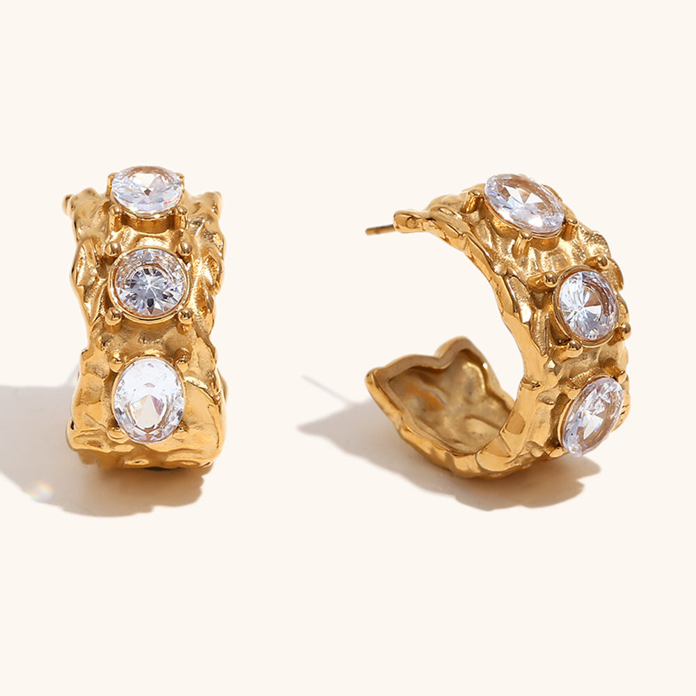 Irregular colored diamond stainless steel bracelet ring earrings plated with 18K gold.