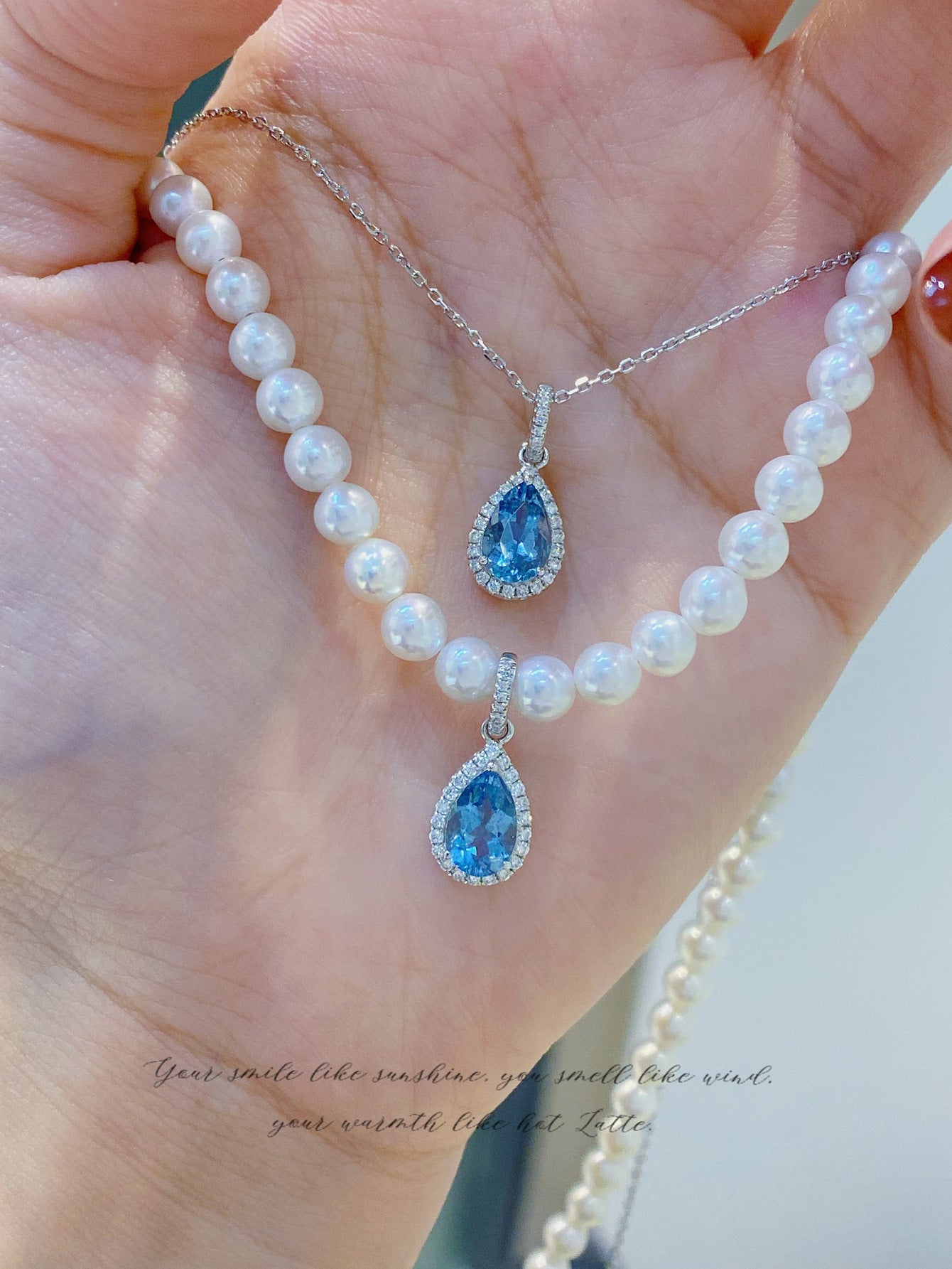 S925 sterling silver sea blue pendant drop necklace