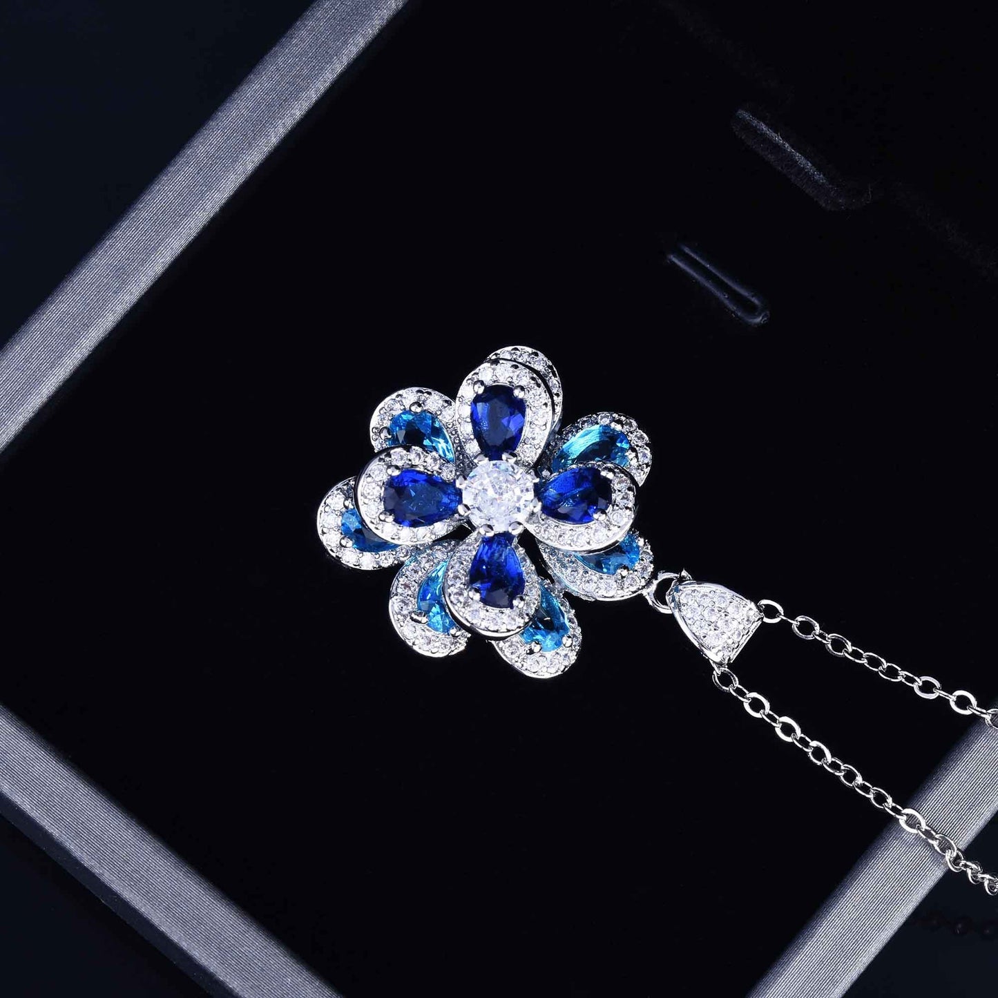 Zircon Flower Silver Needle Earrings Camellia Necklace Bracelet Ring Set