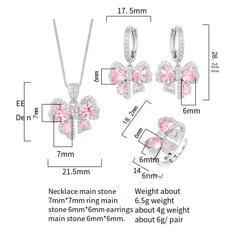 Pink diamond zircon bow earrings ring necklace set