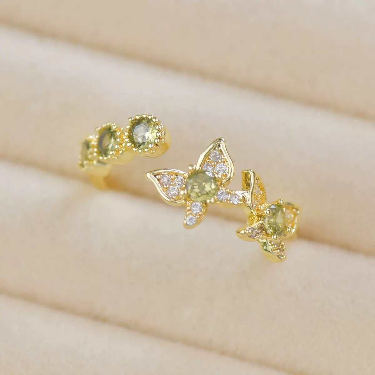 Olive‑Green Zircon Lavender Manor Series Butterfly Jewelry Set, Earrings Necklace Bracelet Rings