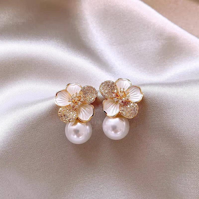 Micro‑Paved Cubic Zirconia Flower Pearl Drop Earrings