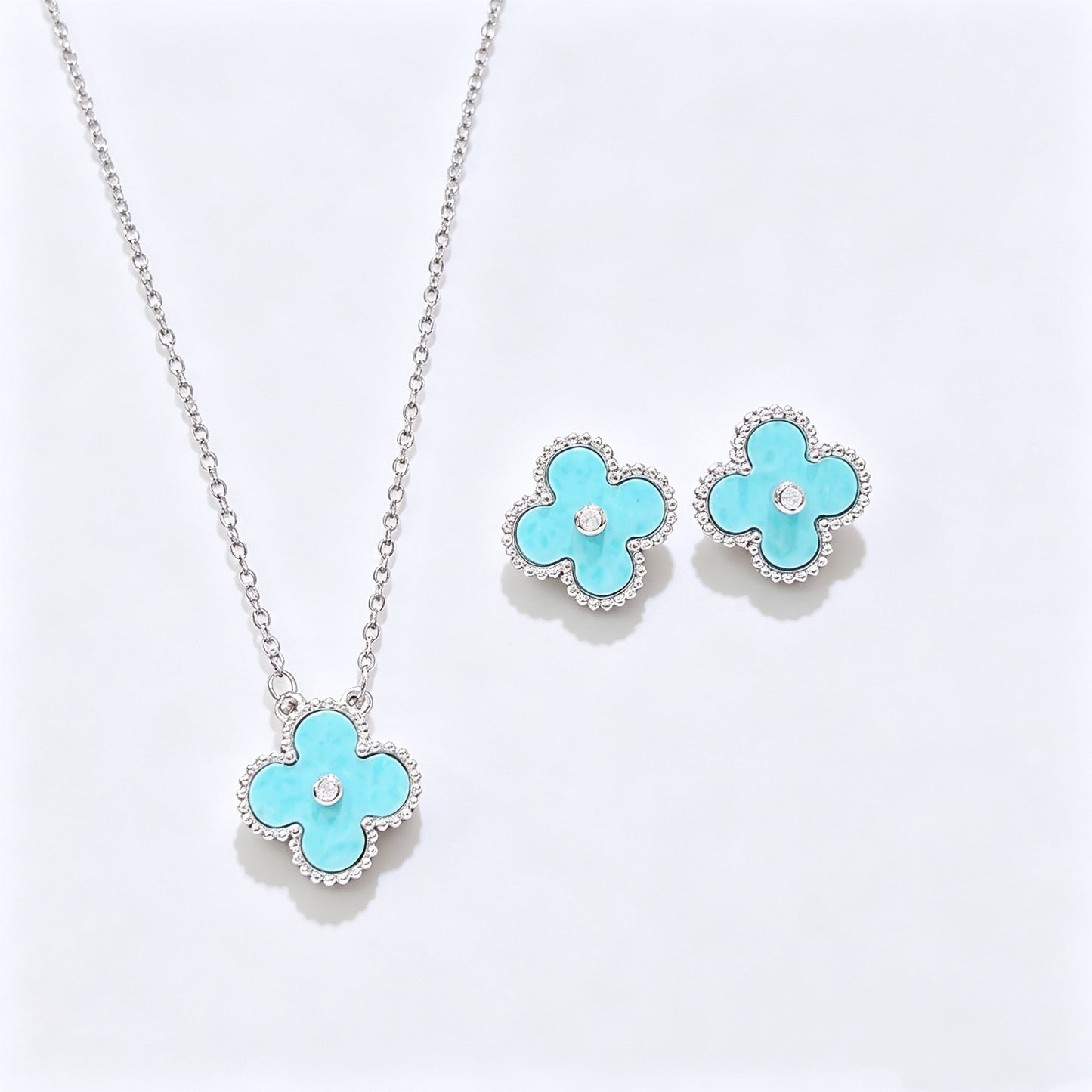 Light Blue Celadon Stone Purple Chalcedony Four Leaf Clover Necklace Bracelet Earring Set