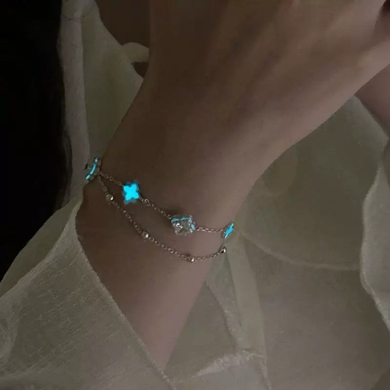 S925 Sterling Silver Starlight Four Leaf Clover Luminous Enamel Bracelet
