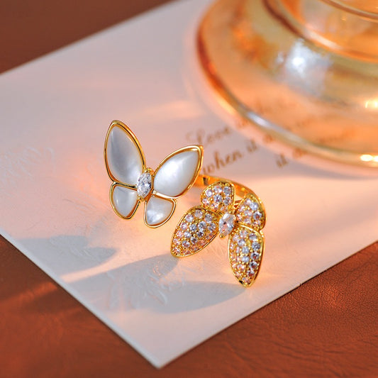 Natural Mother Of Pearl Butterfly Adjustable Open Ring, Gold Plated Eco-Friendly Copper