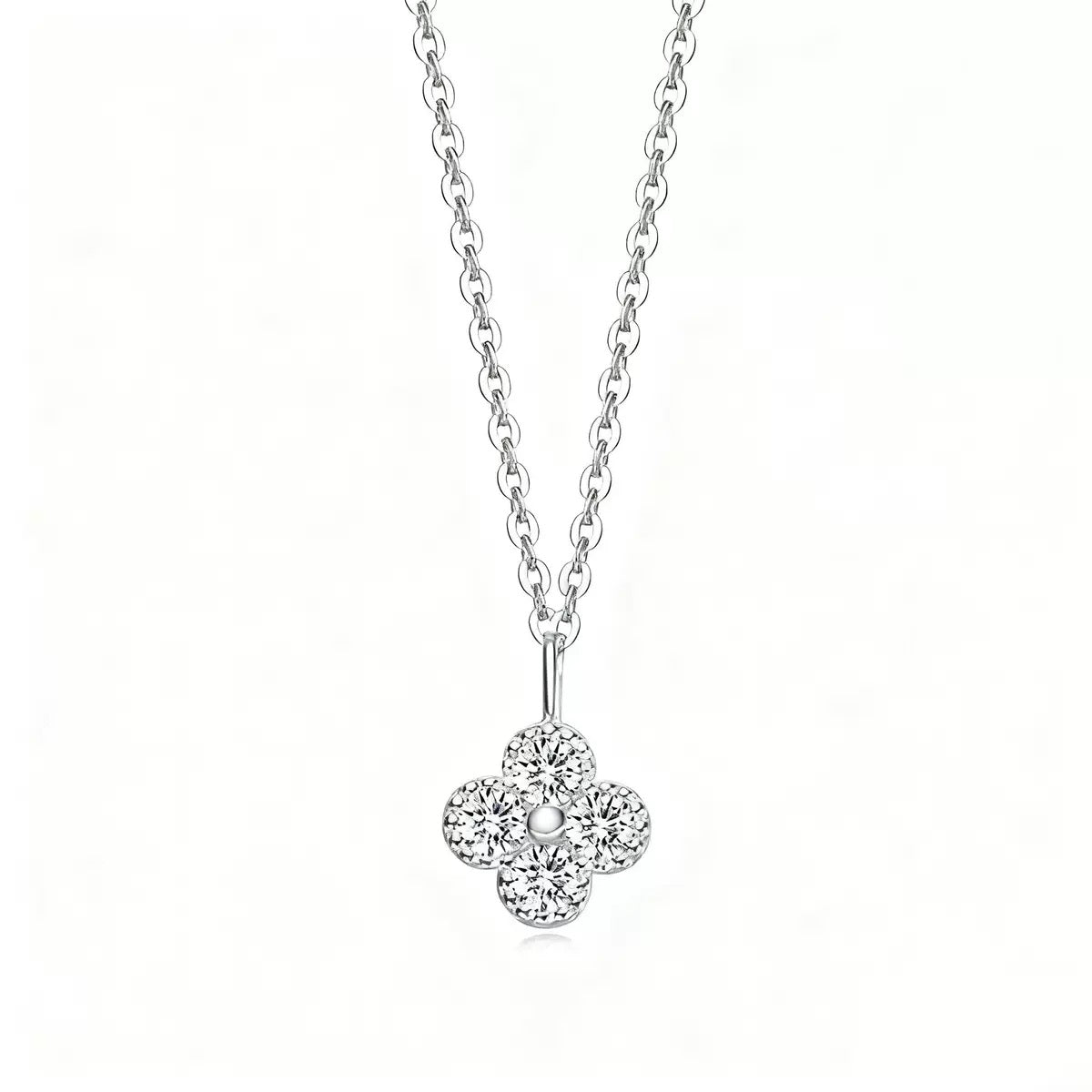 S925 sterling silver plated with 14K gold four-leaf clover flower diamond necklace