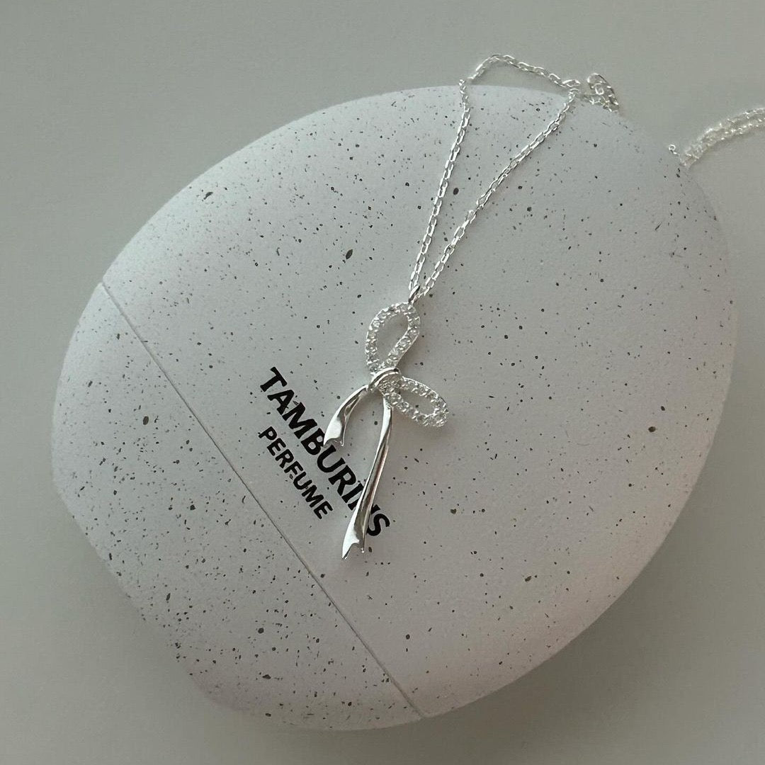 S925 Sterling Silver Bow Pendant Necklace with Rhinestones