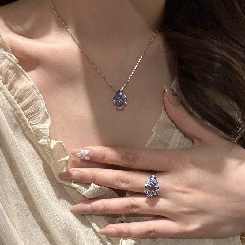 Amethyst full-diamond necklace ring and earring set