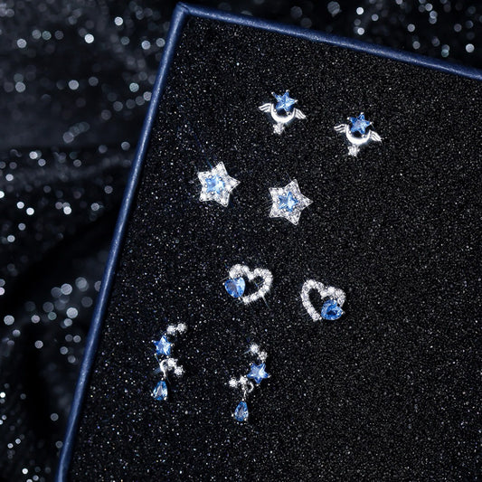 S999 Sterling Silver Earrings with Blue Spinel and White Zircon Plated in Rhodium