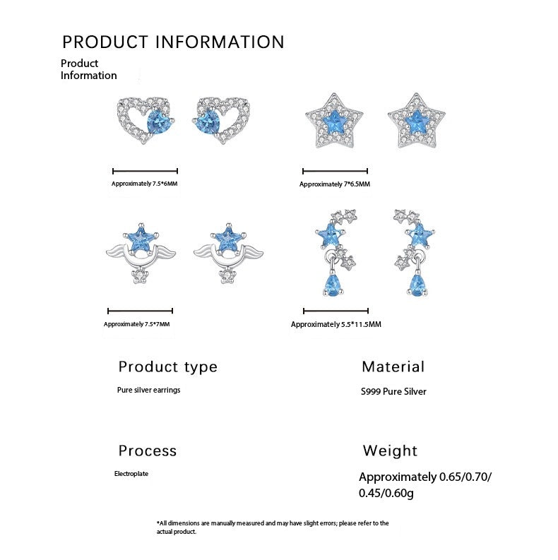 S999 Sterling Silver Earrings with Blue Spinel and White Zircon Plated in Rhodium