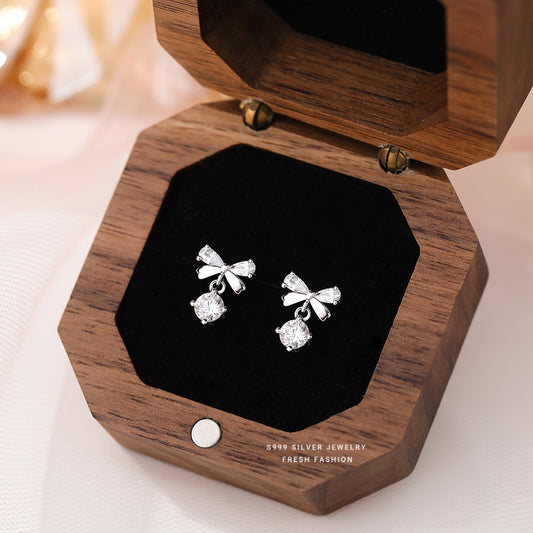 S999 Pure Silver Zircon Bow Earrings