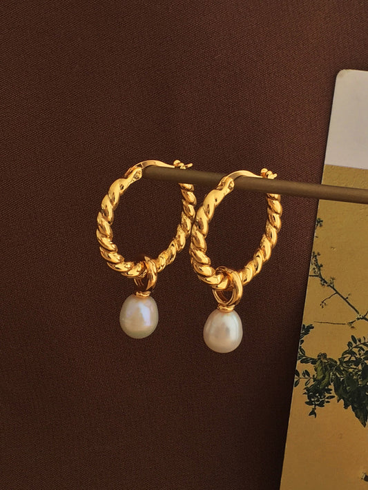 Copper Plated Real Gold Elegant Twist Pearl Earrings