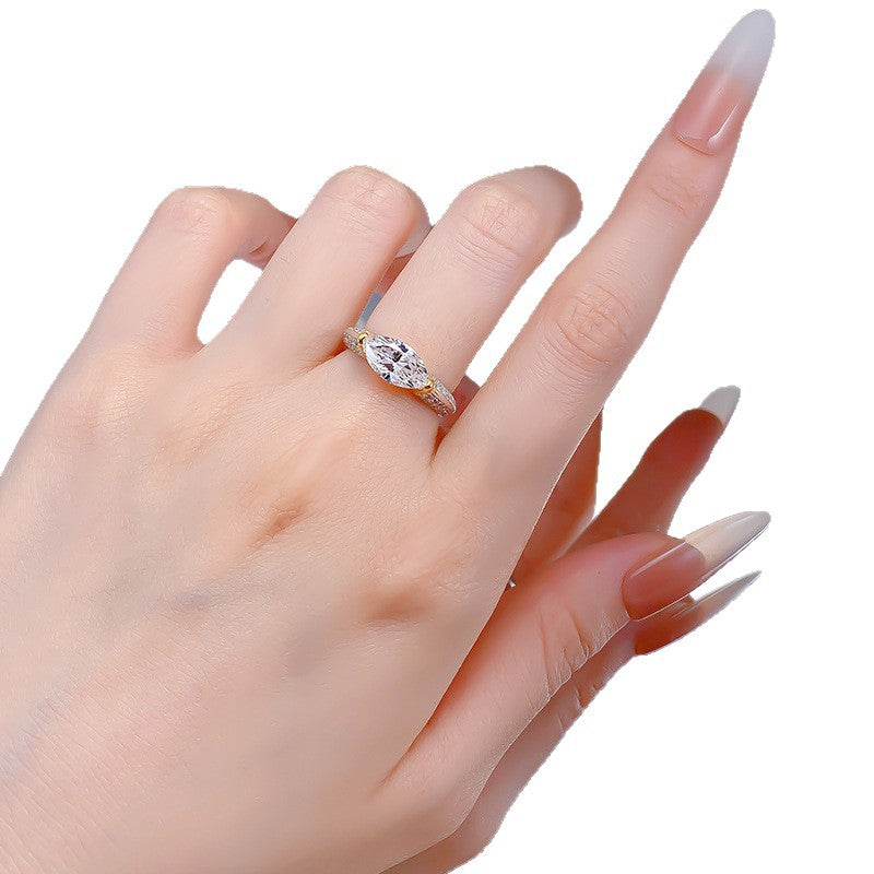 S925 Silver 6 * 12mm Horse Eye White Diamond Ring