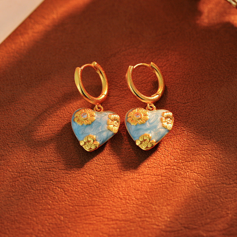 Oil painting sky blue drop glaze carved earrings necklace
