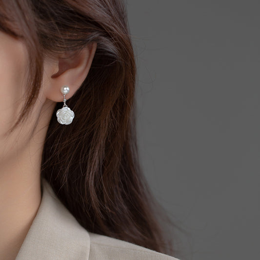 S925 Silver Pearl Mountain Camellia Flower Earrings