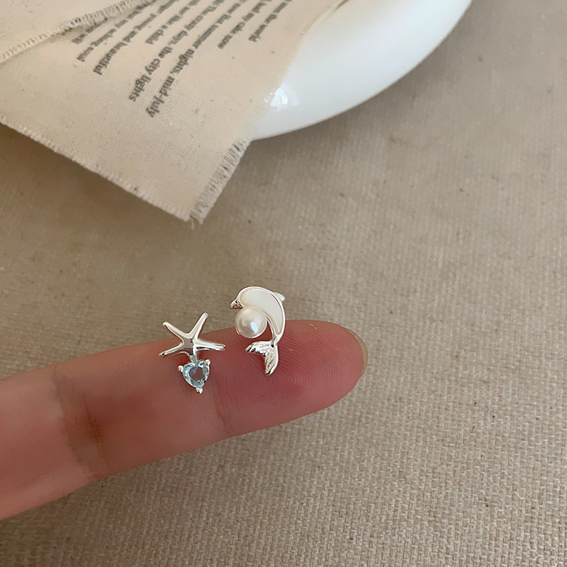 Asymmetric Fritillaria Dolphin Zircon Starfish Earrings