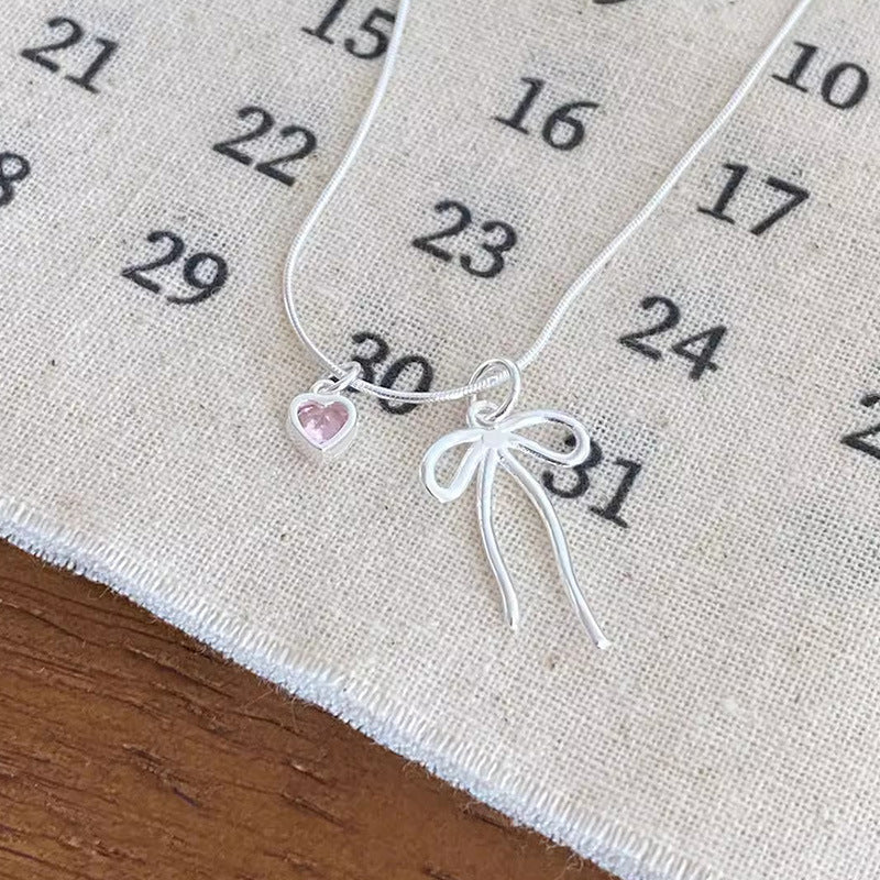 S925 Sterling Silver Bow Pink Diamond Love Necklace