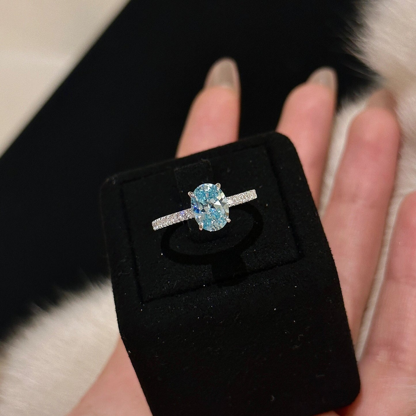 S925 Sterling Silver Aquamarine Oval Pigeon Egg Diamond Ring Necklace