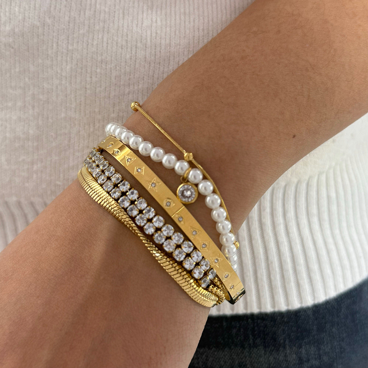 Pearl zircon stainless steel bracelet