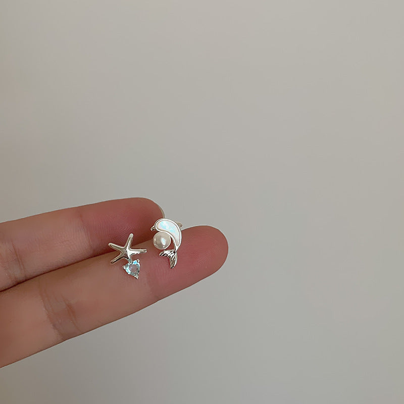 Asymmetric Fritillaria Dolphin Zircon Starfish Earrings