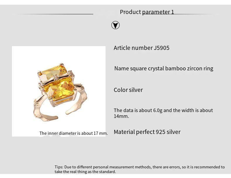 925 sterling silver square citrine bamboo zircon ring