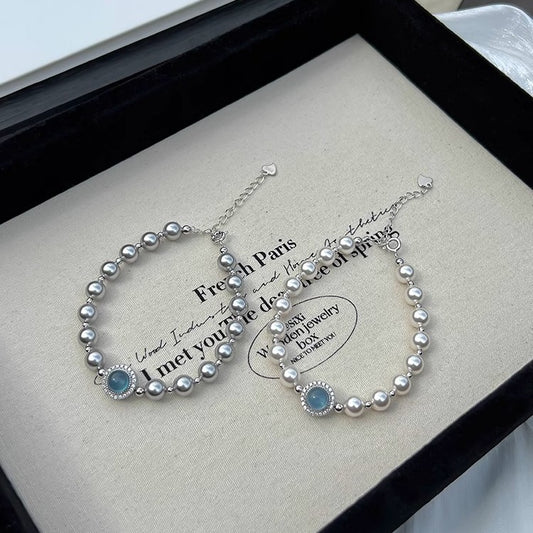 S925 sterling silver Aquamarine Pearl single diamond bracelet