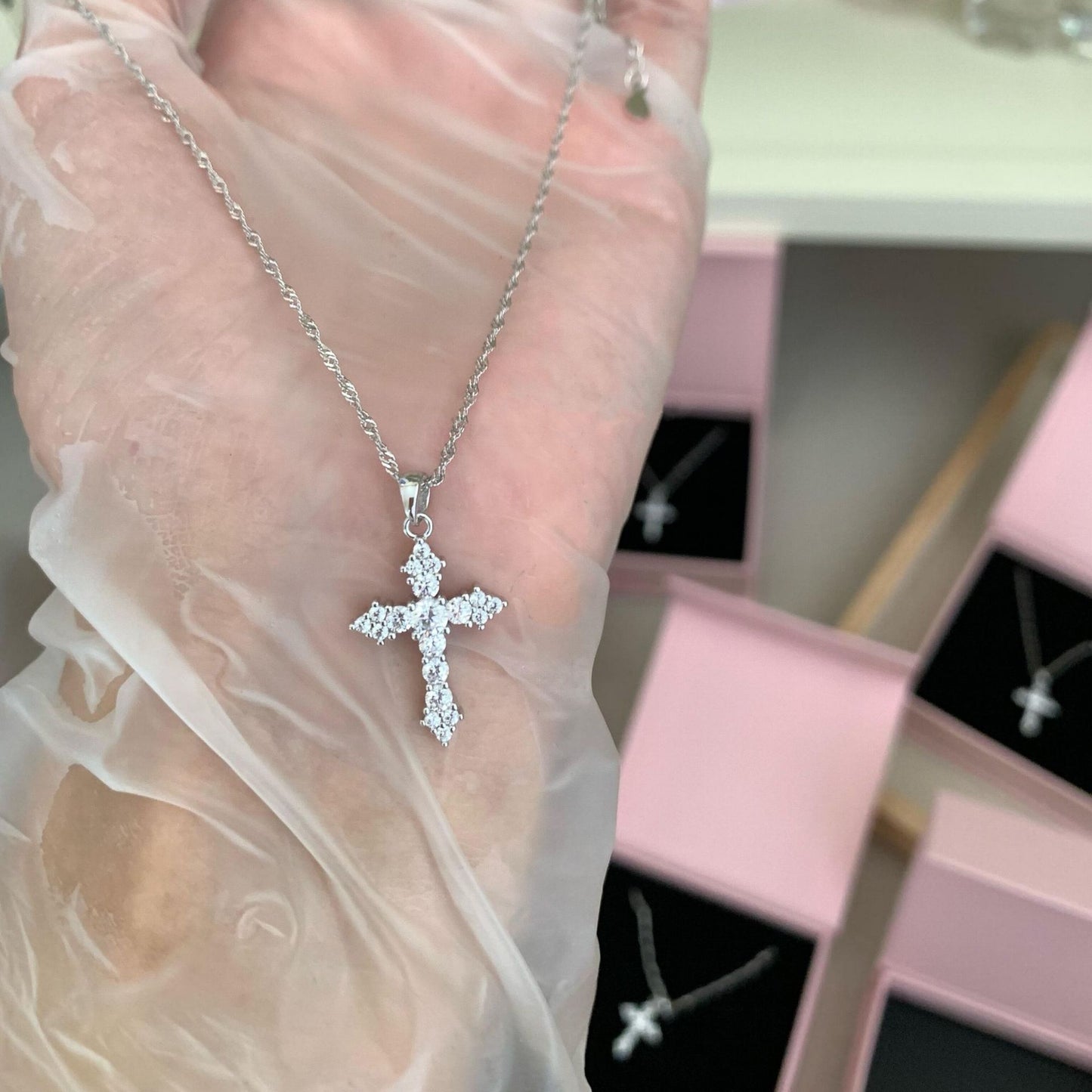 S925 Sterling Silver Meishen Cross Full Diamond Pendant Necklace