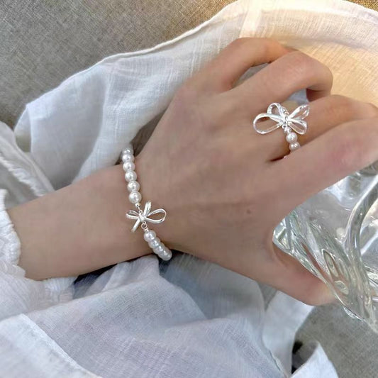 S925 Sterling Silver Bow Pearl Bracelet necklace ring
