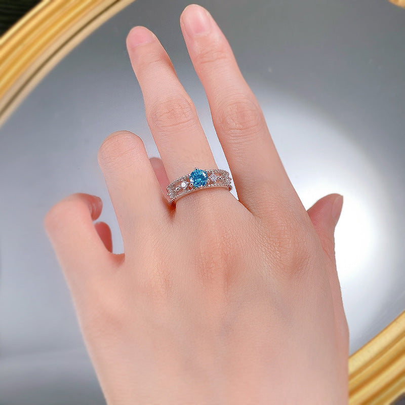 S925 Silver One Carat Sea Blue Diamond Fireworks Cutting Ring