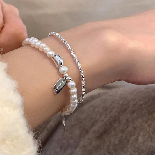 s925 sterling silver LUCKY square freshwater pearl bracelet