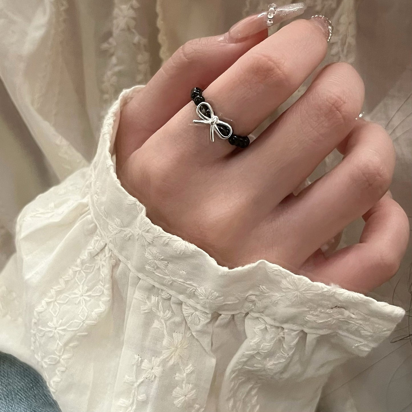 S925 Sterling Silver Bow Beaded Ring